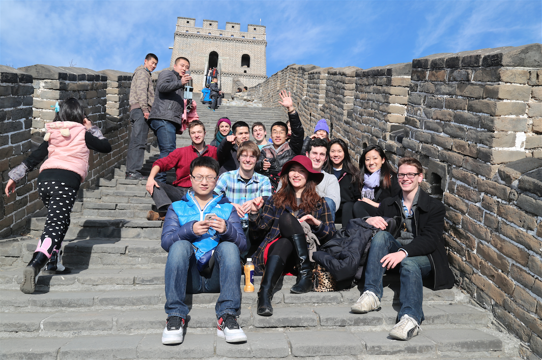 A bunch of students just chillin' on the Great Wall